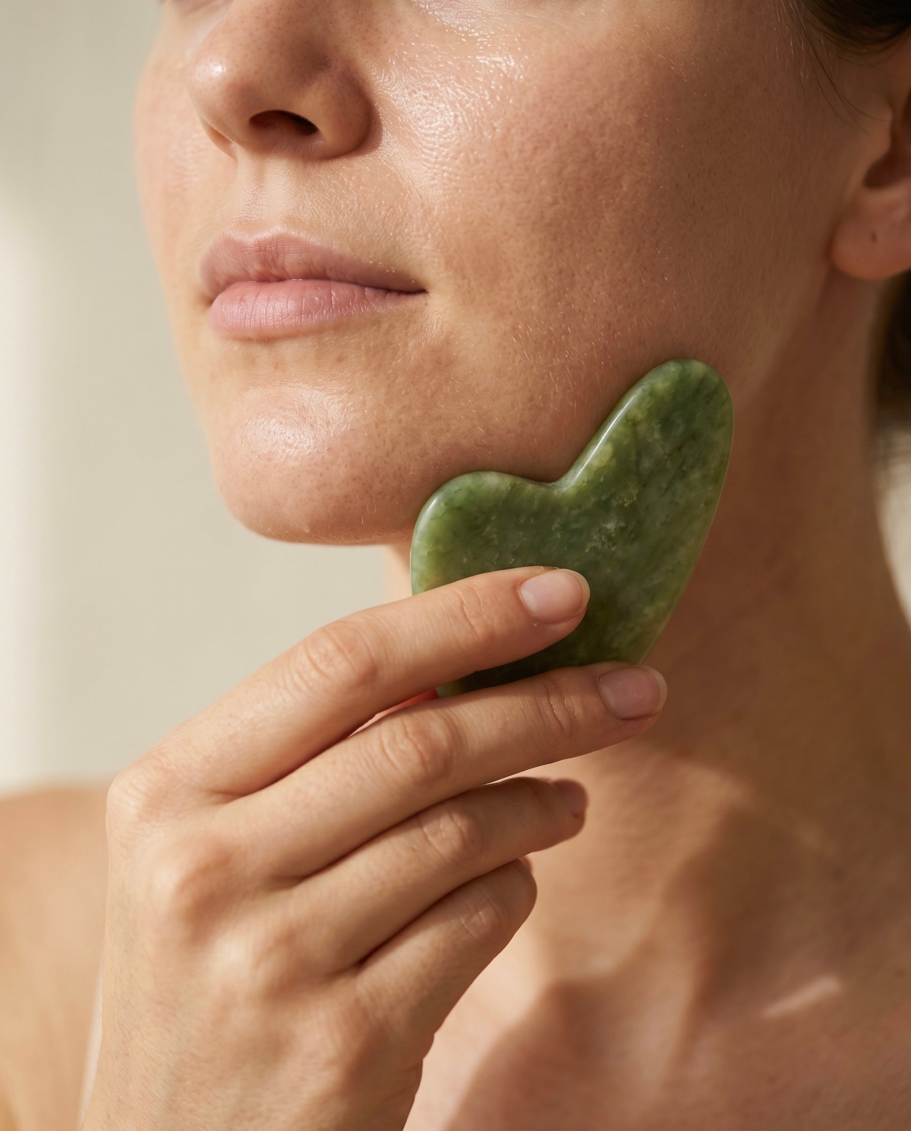 Mujer en su ritual facial con gua sha de jade Tregua