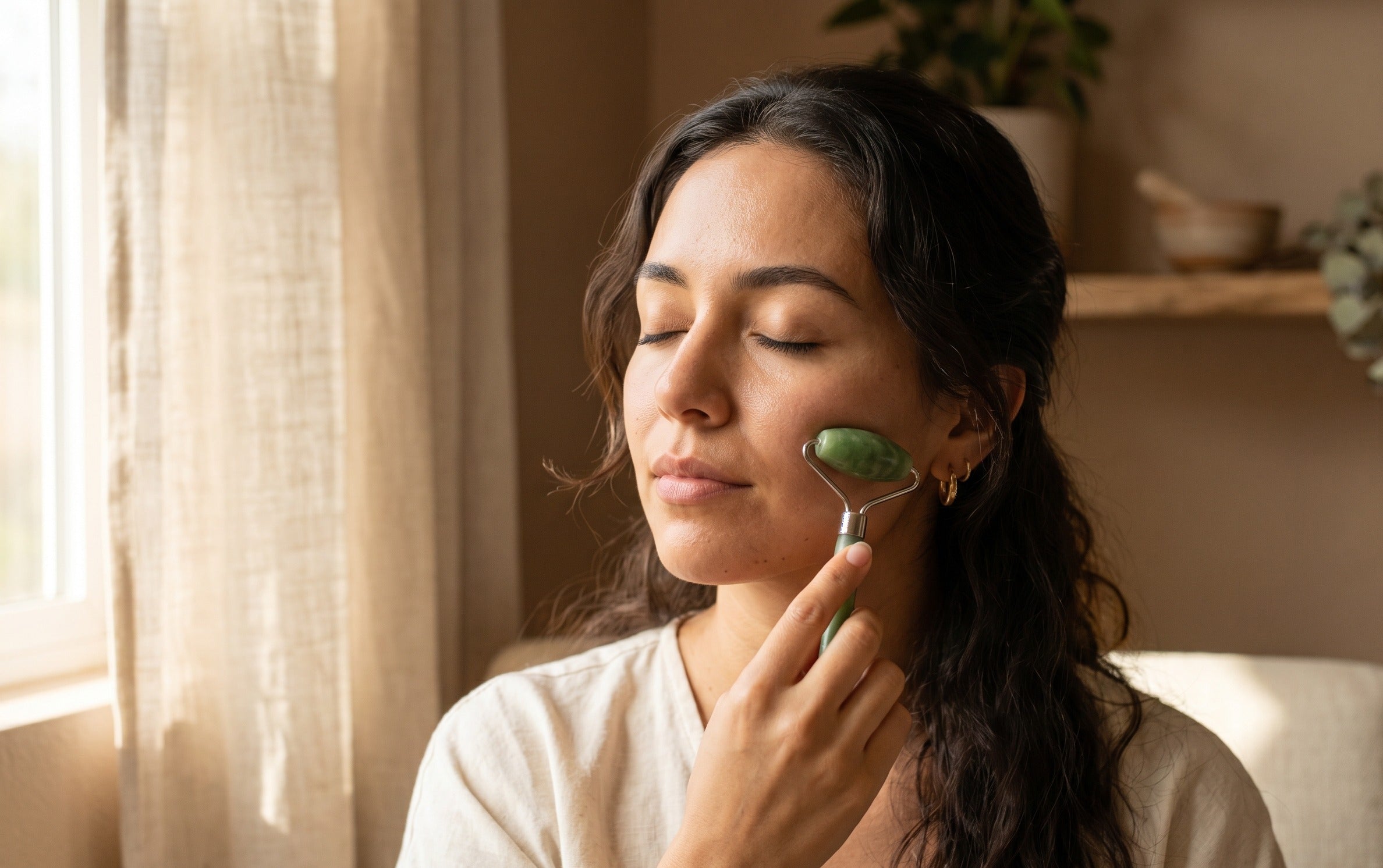 Mujer aplicando el ritual facial con el rodillo de jade Tregua